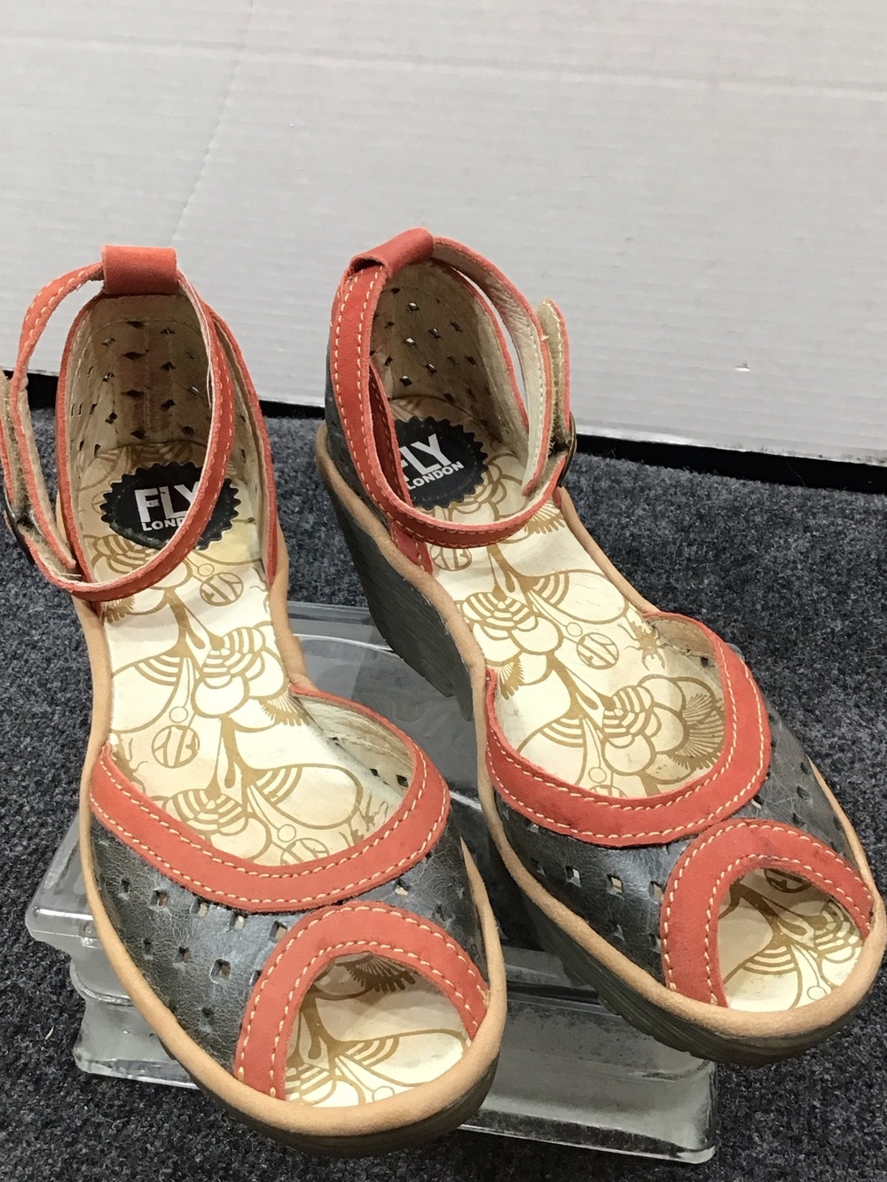 Fly London Ydel Coral and Gray green Open-Toe ankle strap Wedge Sandals 37